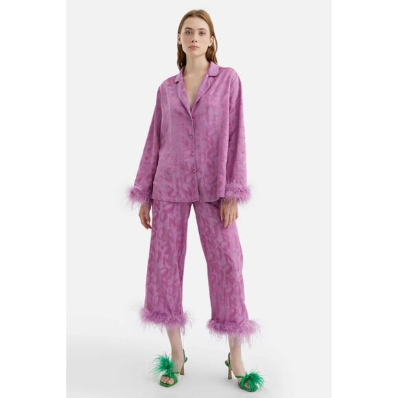 Nocturne Button Down Feathered Shirt Pants Matching Set Lilac Purple Womens Size - Picture 1 of 13